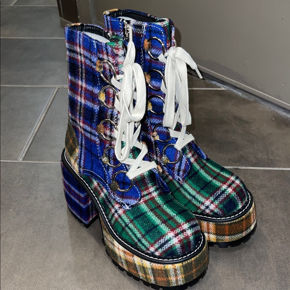 Current Mood Blue and Green Plaid Lace Up Boots